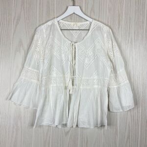 Adiva Tie Front Top White Eyelet Size Medium 100% Cotton Bell Sleeves Boho Beach